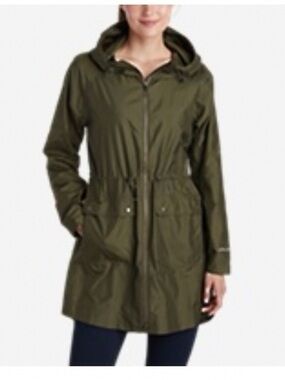 Eddie Bauer Olive Hooded Raincoat, Size L, Like New!